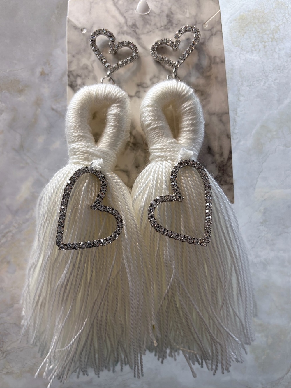 White Heart Tassel Drop Earrings with Crystal Accents